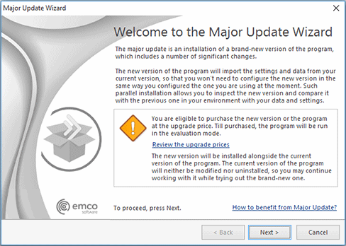 The Major Update Wizard welcome page