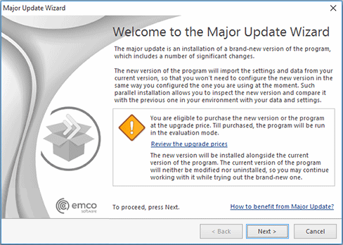 The Major Update Wizard welcome page The Major Update Wizard welcome page