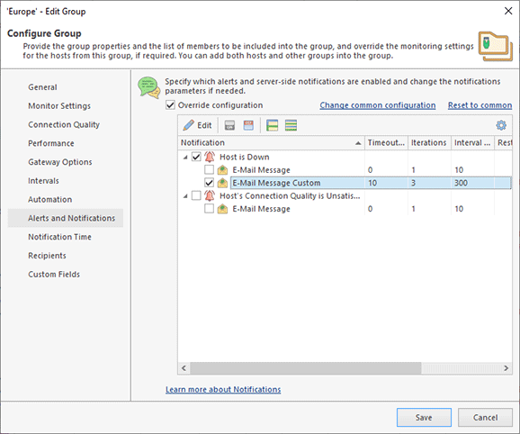 Overriding common notification settings for a group
