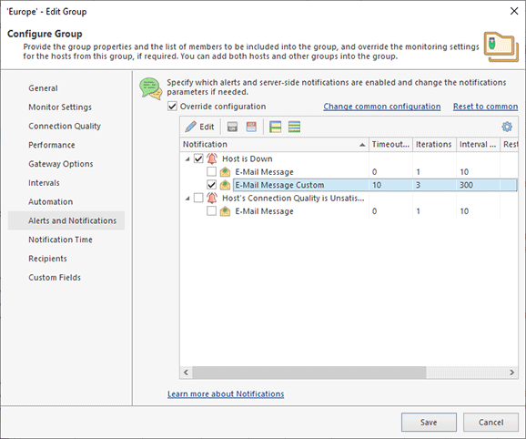 Overriding common notification settings for a host