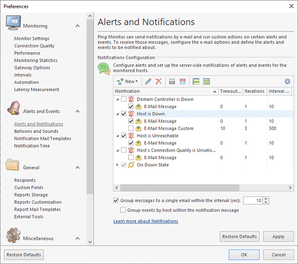 Configuring alerts, events and notifications