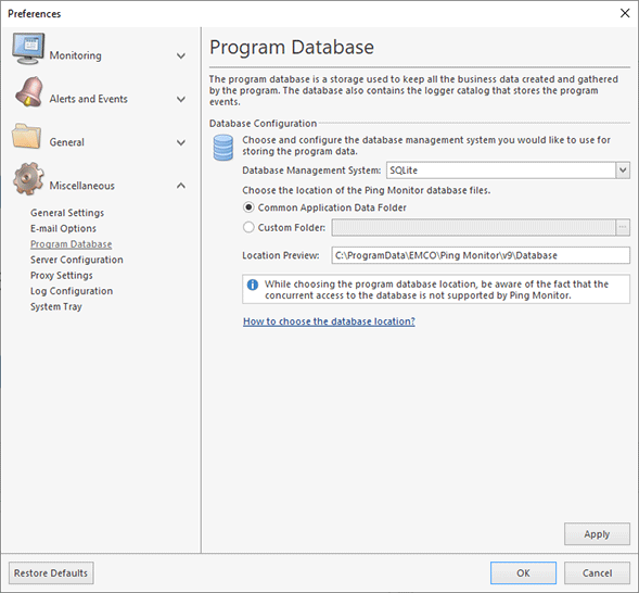 Configuring the SQLite database
