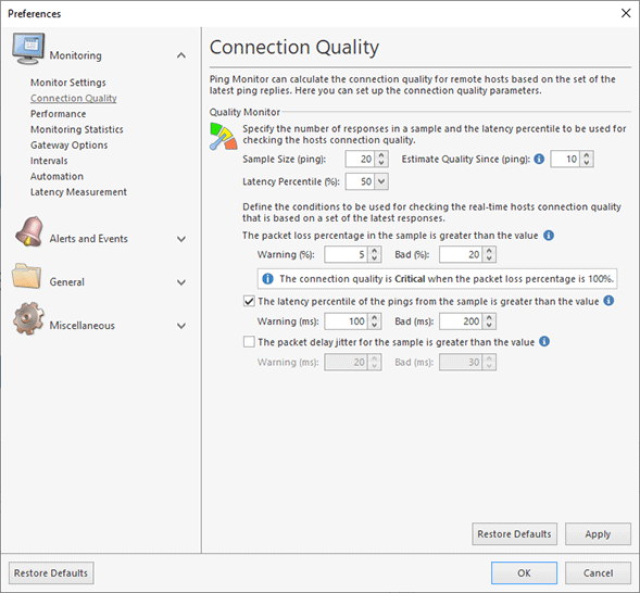 Specifying connection quality monitoring configuration