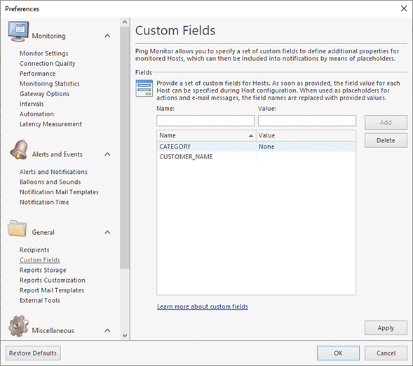Custom fields specification in Preferences