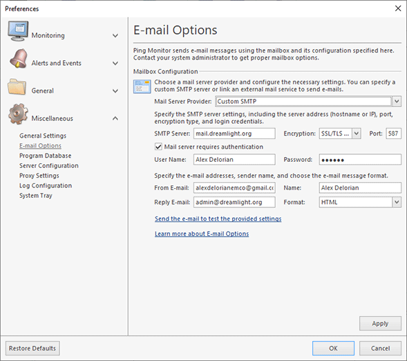 Specifying Custom SMTP settings Specifying Custom SMTP settings