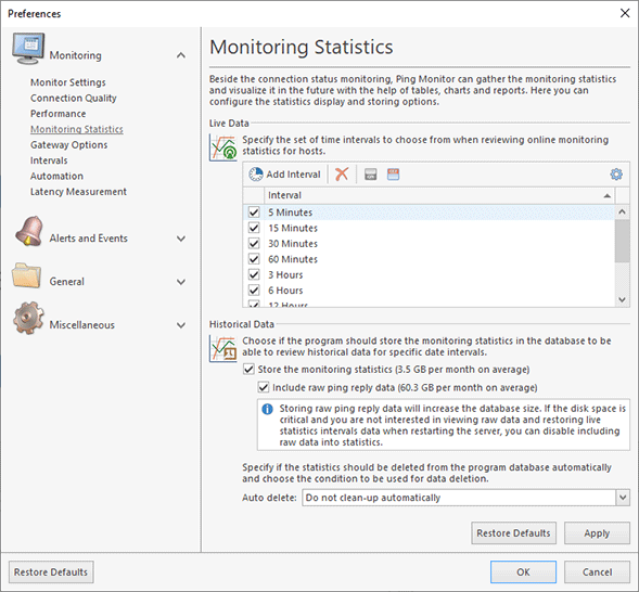 Configuring live and historical monitoring data options