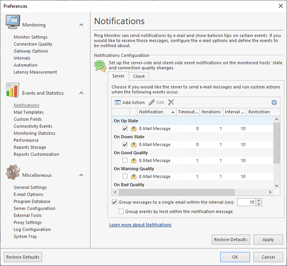 Managing Notifications - Ping Monitor
