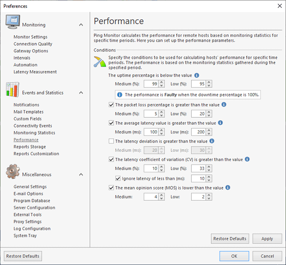 Specifying performance calculation settings