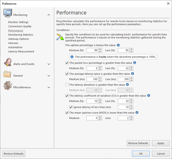 Specifying performance calculation settings