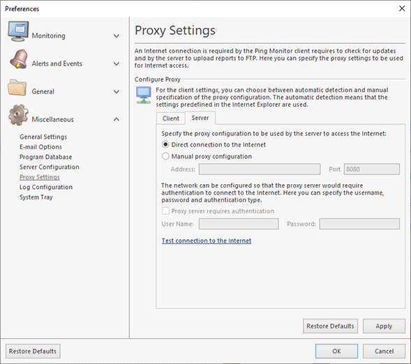 Server proxy settings Server proxy settings