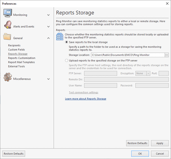 Configuring reports storage