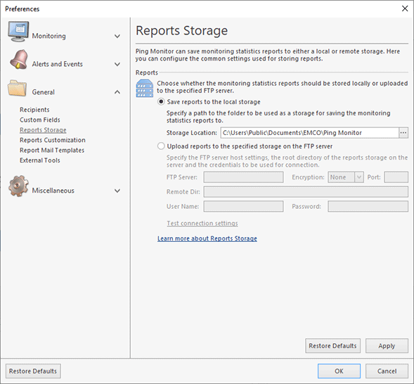 Configuring reports storage Configuring reports storage