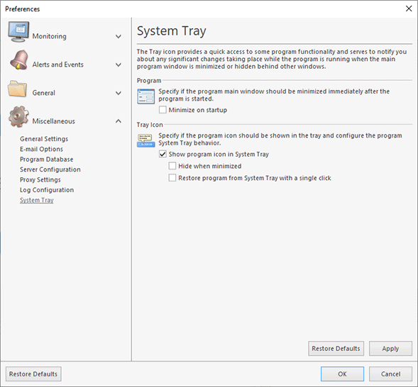 Configuring the System Tray behavior