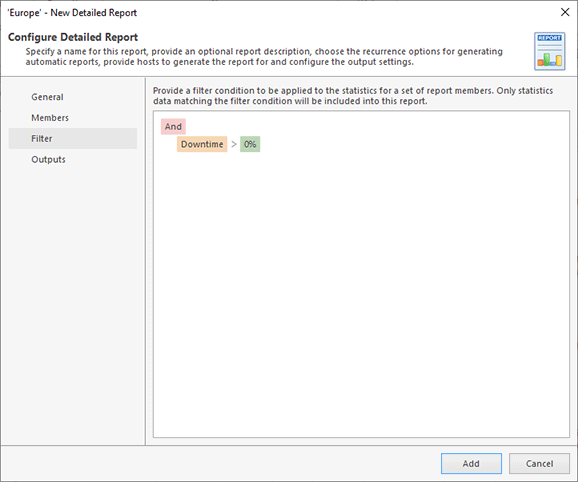 Filter configuration in a report