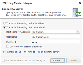The server connection dialog The server connection dialog