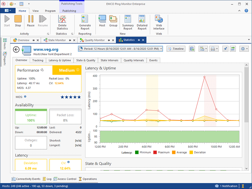The detailed statistics view for a single host with the Overview page selected