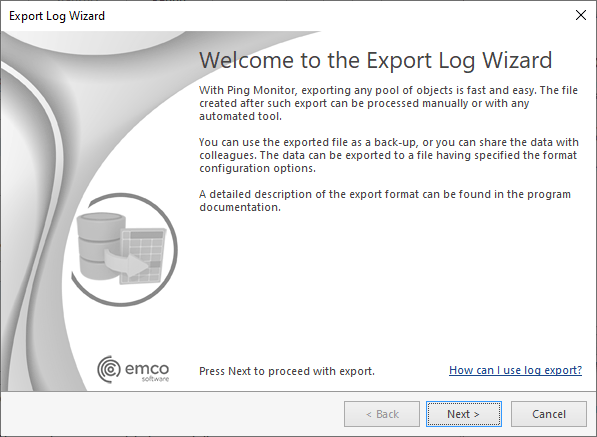 The Export Log Wizard welcome page The Export Log Wizard welcome page
