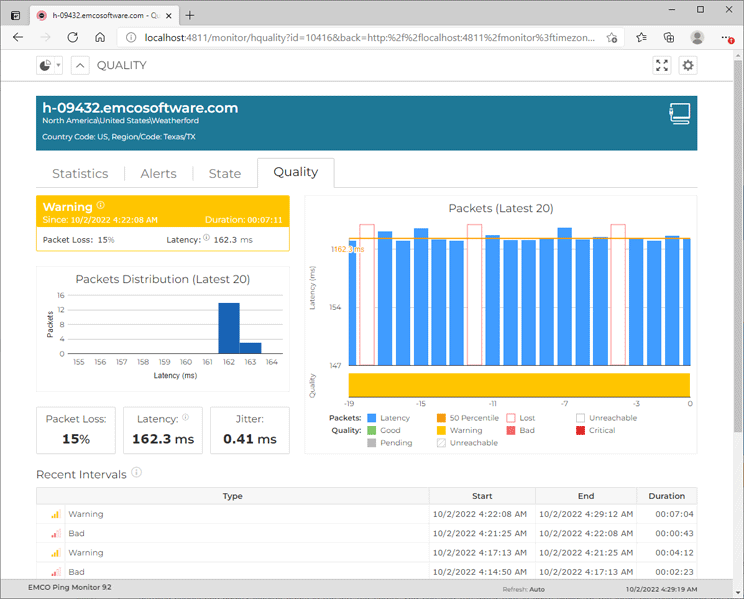 Monitoring connection quality for a single host