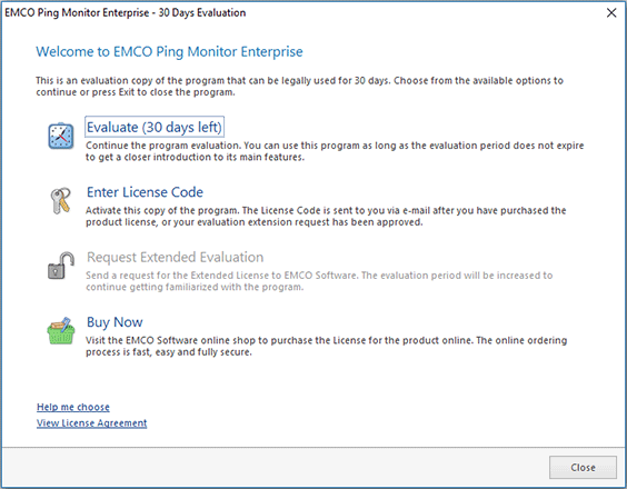 The EMCO Ping Monitor Evaluation Wizard welcome page