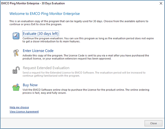 The EMCO Ping Monitor Evaluation Wizard welcome page The EMCO Ping Monitor Evaluation Wizard welcome page