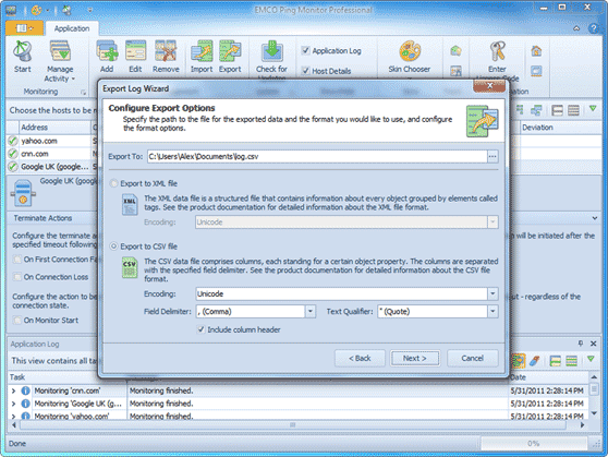 Application log export