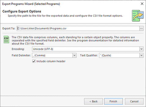 Configuring the export options Configuring the export options