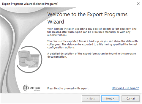 The Export ProgramsWizard welcome page