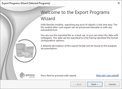 The Export ProgramsWizard welcome page The Export ProgramsWizard welcome page