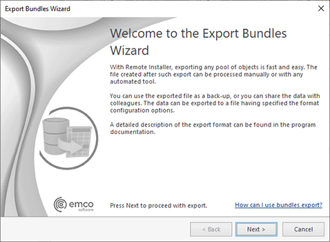 The Export Bundles wizard welcome page