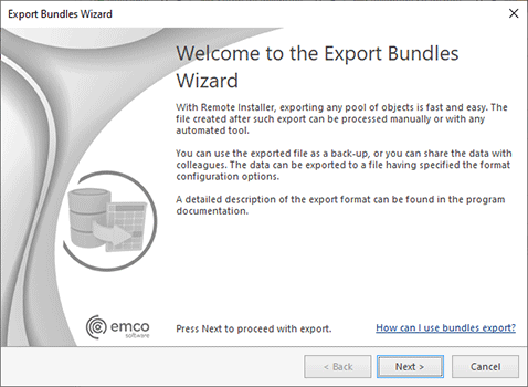 The Export Bundles wizard welcome page The Export Bundles wizard welcome page