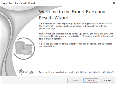 The Export Execution Results Wizard welcome page