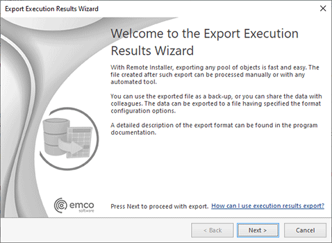 The Export Execution Results Wizard welcome page The Export Execution Results Wizard welcome page
