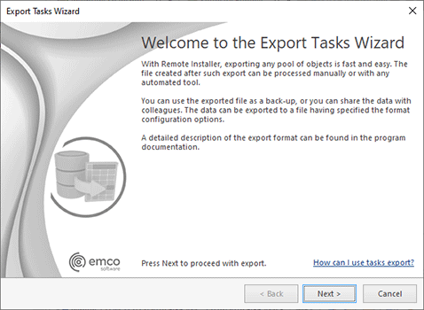 The Export Tasks wizard welcome page The Export Tasks wizard welcome page