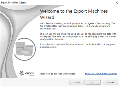 The Export Machines Wizard welcome page