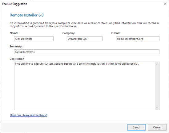 The feature suggestion form The feature suggestion form
