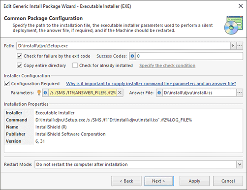 Generic executable installation package configuration