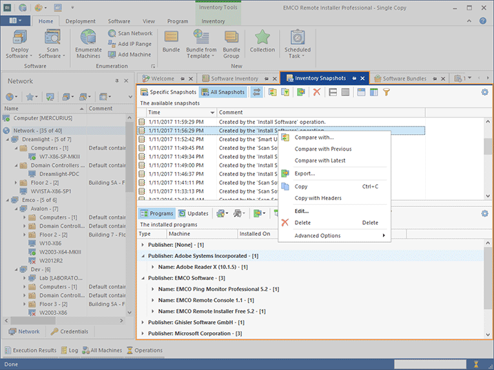 The Inventory Snapshots view displaying scan results for selected Machines