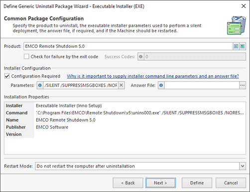 Executable Installer Configuration (Chosen from Inventory)