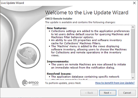 The Live Update Wizard welcome page The Live Update Wizard welcome page