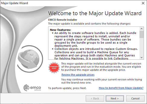 The Major Update Wizard welcome page The Major Update Wizard welcome page