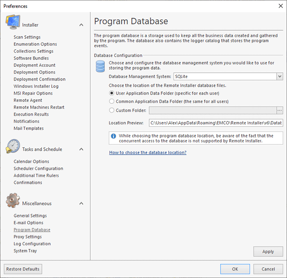 Configuring the SQLite database