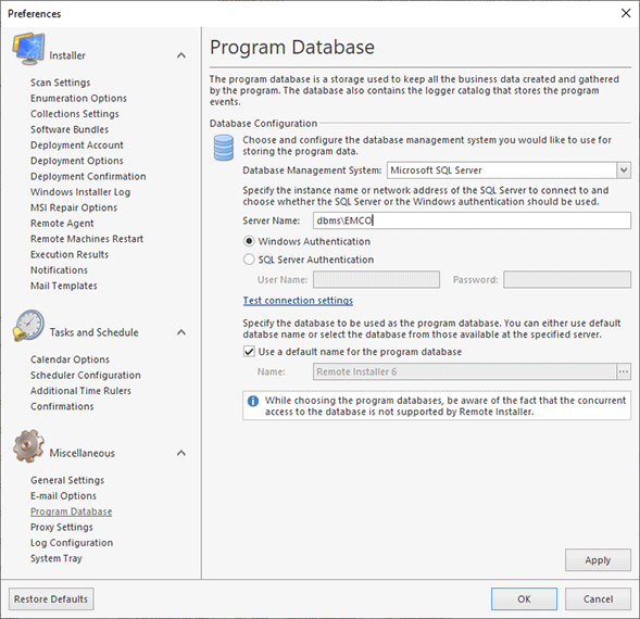 Configuring the Microsoft SQL Server database