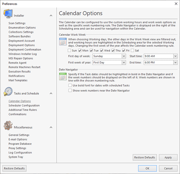 Configuring the Calendar Options