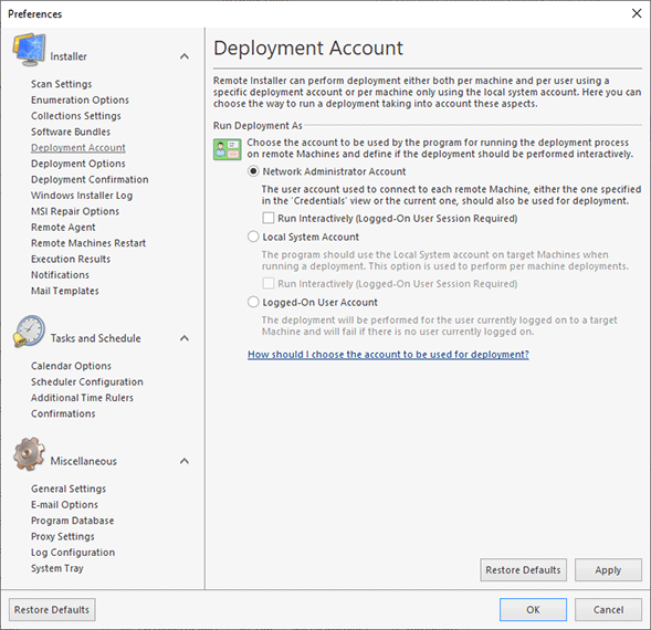 A sample deployment account settings configuration