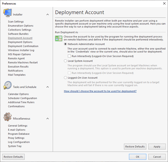 A sample deployment account settings configuration A sample deployment account settings configuration