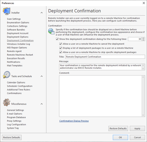 Configuring the deployment confirmation options