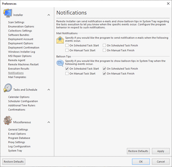 Configuring Notifications Notifications Page - Remote Installer