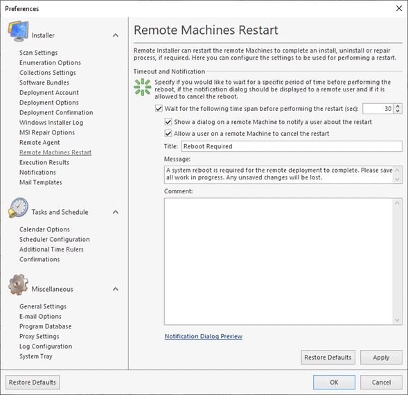 Configuring the remote Machines restart options