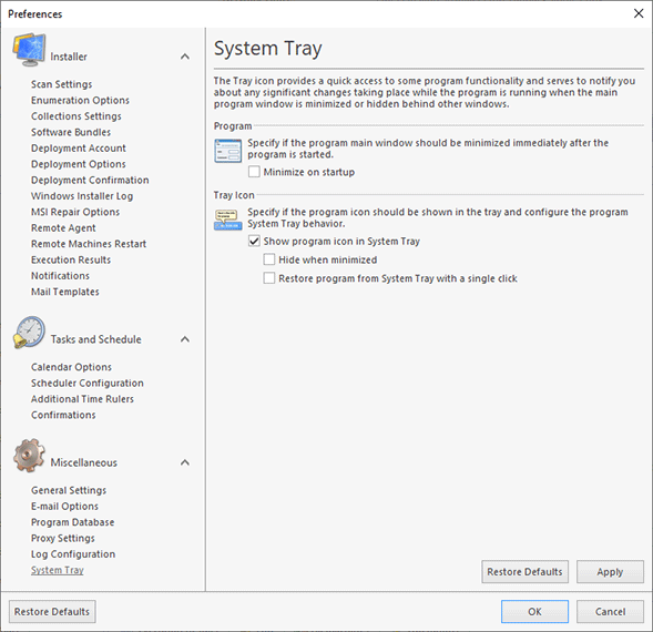 Configuring the System Tray behavior