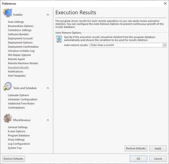 Configuring automatic removal of execution results